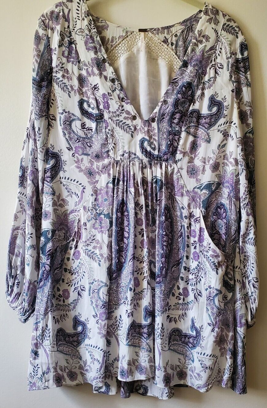 Free People Rain Or Shine Lace Up Mini Dress Ivory Paisley Womens XS